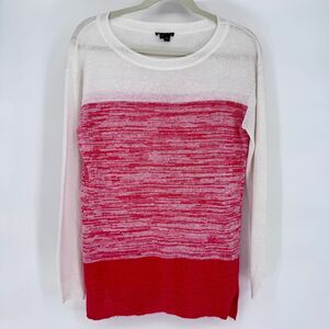 Theory Sheer Linen Blend Colorblock Sweater Red White Lightweight Knit Small